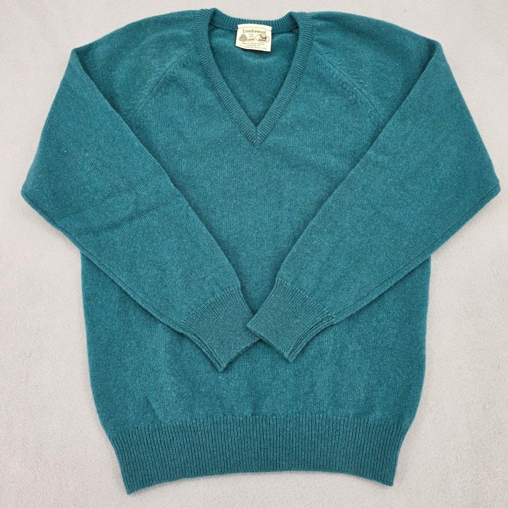 Edinburgh Woollen Mill Pure Lambswool V-Neck Sweater Teal Green Made in Britain
